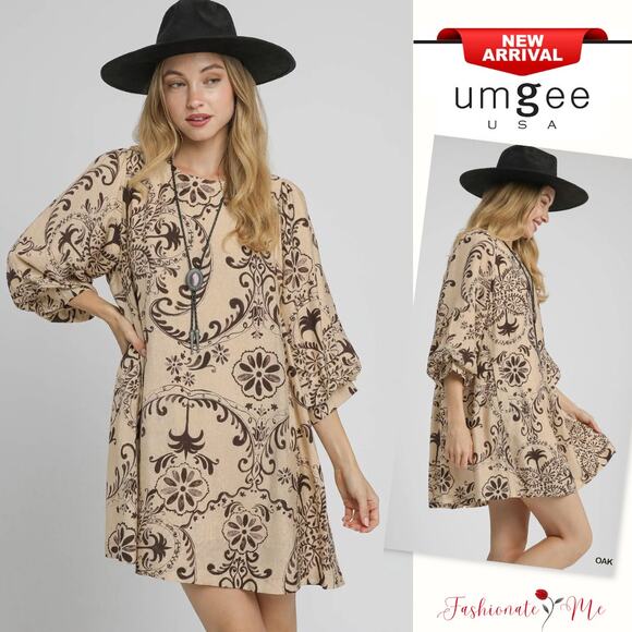 Umgee Boho Printed Half Balloon Sleeves Elastic Cuffs Detail Mini Dress | Oak - Picture 1 of 6